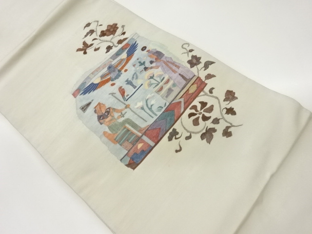 すくい織破れ色紙に古代人物・鳥・花唐草模様織出し名古屋帯